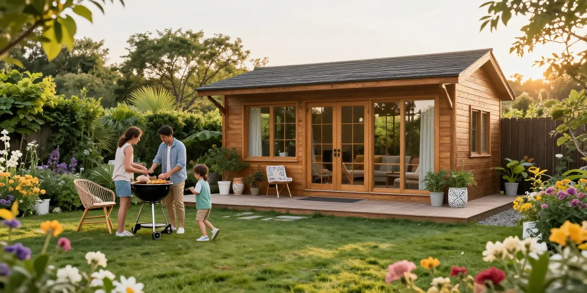 Gartenhaus kaufen: Stilvolles Gartenhaus umgeben von Blumen, ideal für Familie und Freizeit.