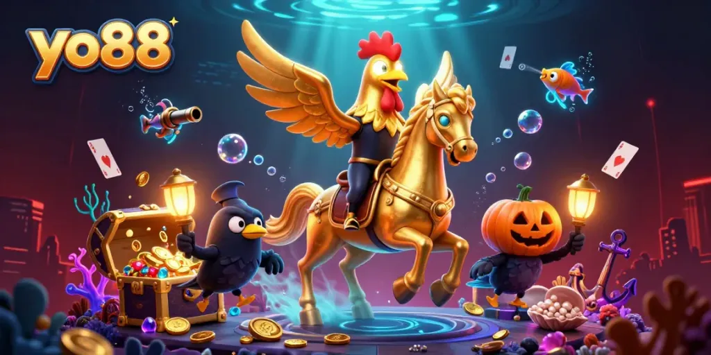 Experience the thrill of yo88 in this captivating 3D casino scene filled with vibrant characters and game elements.