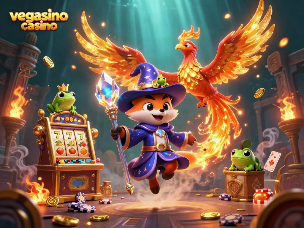 Experience thrilling games at vegasino casino with a wizard fox, phoenix, and enchanting elements.