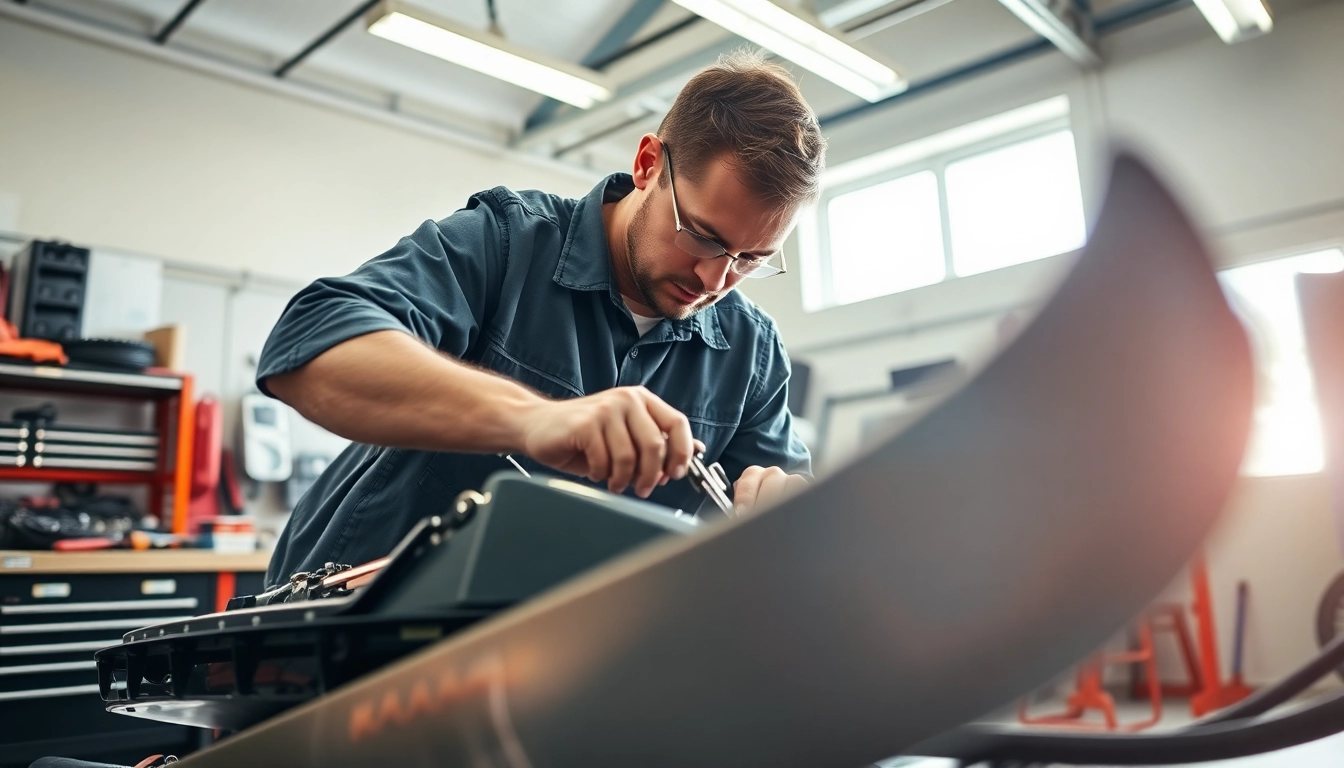 Ein Mechaniker überprüft sorgfältig die Auto Kufen in einer gut beleuchteten Werkstatt.