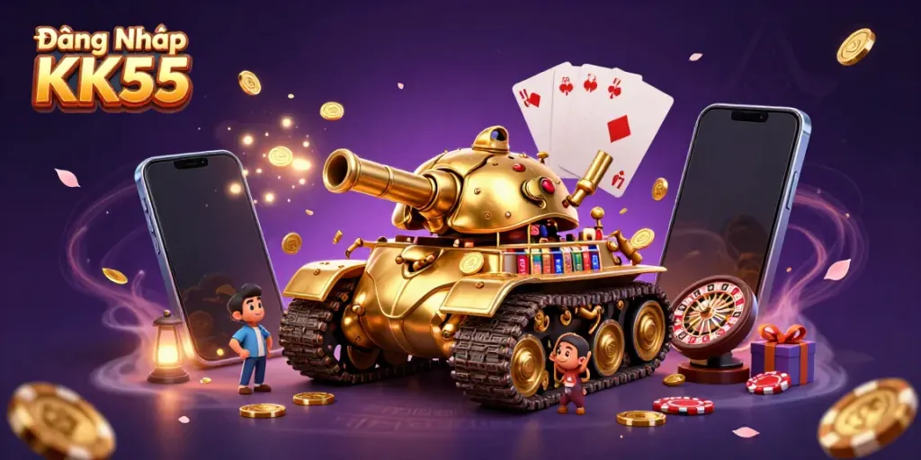 Experience exciting gameplay with Đăng Nhập KK55, featuring a dynamic casino tank illustration.