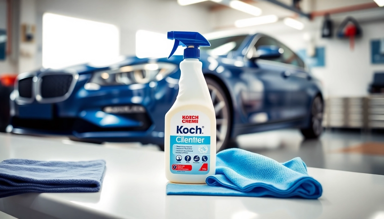 Koch Chemie Produkte auf einem professionellen Werkbank mit Autoschrift, umgeben von Mikrofasertüchern.