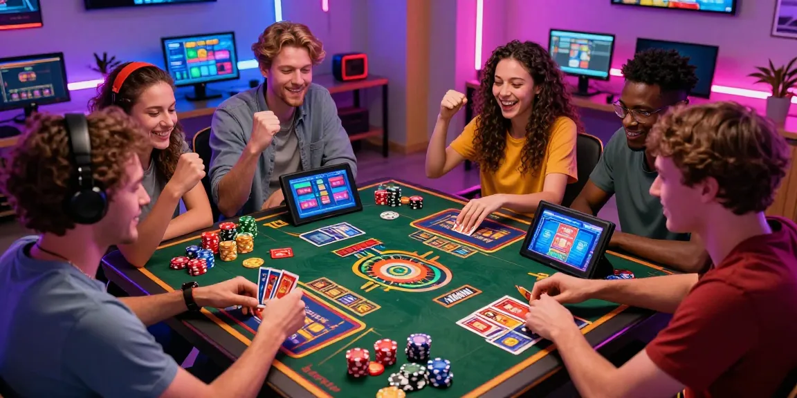 Engaging gaming experience at https://gemwin.pics/, showcasing diverse players enjoying thrilling card and slot games with vibrant lighting and modern gaming equipment.