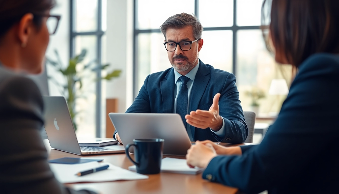 Headhunter Schweiz berรคt Klienten in einem modernen Bรผro mit Laptop und Notizen.