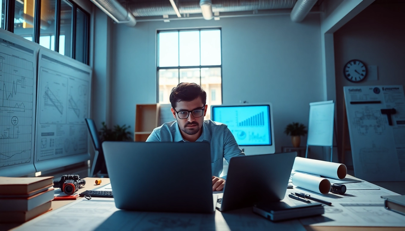 Headhunter Ingenieure in einem modernen Büro mit technischen Werkzeugen.