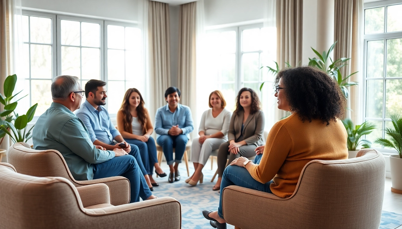 Engaging group therapy session promoting mental health awareness with diverse participants in a supportive environment.
