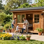 Garten Haus im blühenden Garten mit Familie, die die Möbel arrangiert.