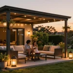 Moderne freistehende Terrassenüberdachung mit gemütlicher Atmosphäre und schöner Gartenlandschaft.