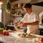 Creative pizza-making scene in a warm pizzeria kitchen featuring pg soft ingredients.