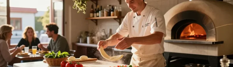 Creative pizza-making scene in a warm pizzeria kitchen featuring pg soft ingredients.