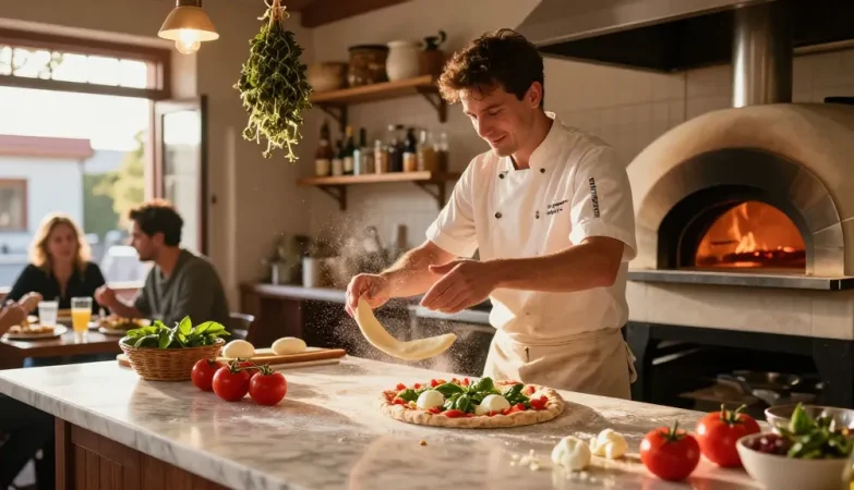 Creative pizza-making scene in a warm pizzeria kitchen featuring pg soft ingredients.