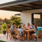 Familie genießt ein Essen unter einer stilvollen Terrassenüberdachung im warmen Licht der Abendsonne.