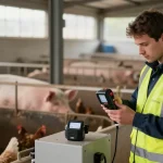 Arbeiter überprüft Ammoniakdetektor in landwirtschaftlichem Betrieb für sichere Stallluft.