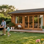 Gartenhaus kaufen: Stilvolles Gartenhaus umgeben von Blumen, ideal für Familie und Freizeit.